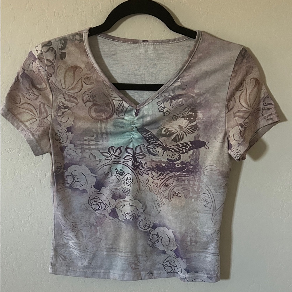 Y2K Butterfly Graphic V-Neck Ruched Top